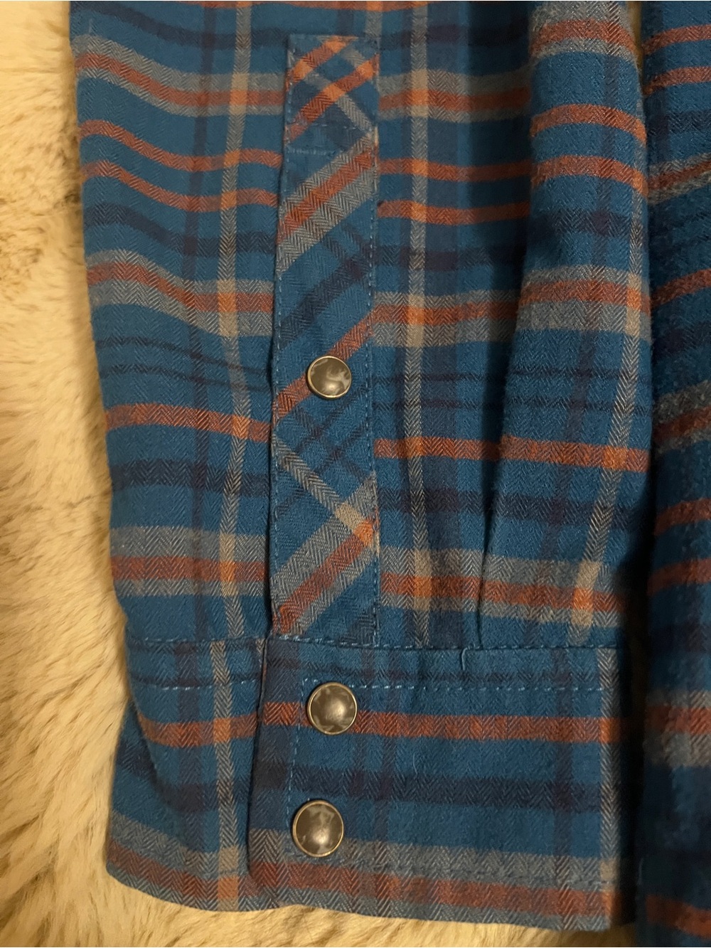 REI Blue and Rust Plaid Button-Down Shirt with Black Yoke - Picture 6 of 11